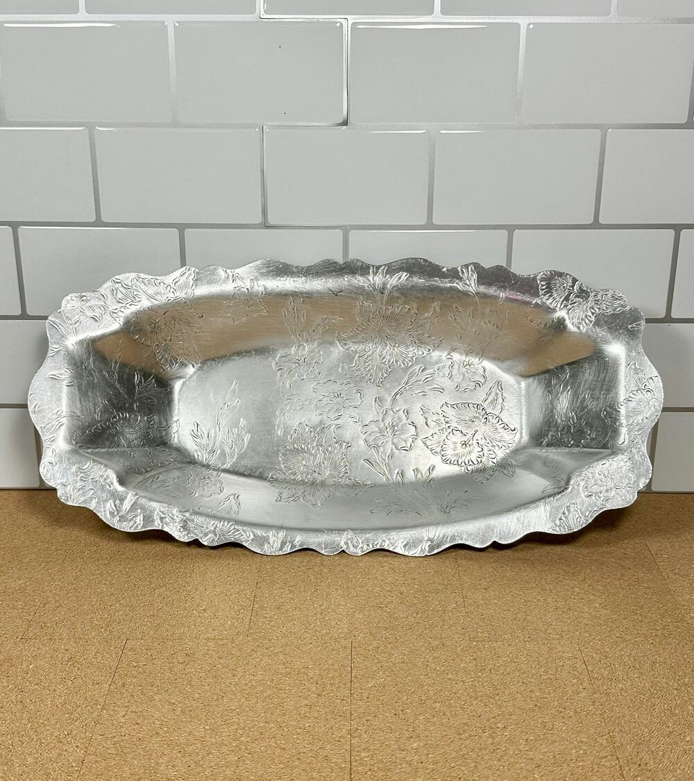 Vintage Forman Family Aluminum Floral Serving Platter Large Oval Tray MCM
